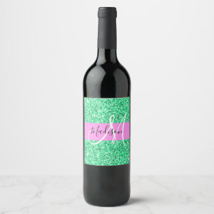 Rótulo De Garrafa De Cerveja Glam Rosa e Verde Brilho Brilhos Monograma Nome