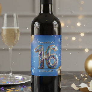 Rótulo De Garrafa De Cerveja Glamoroso Azul Dourado Brilho Doce 16 Aniversário