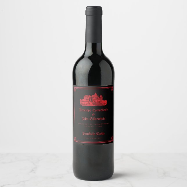 Rótulo De Garrafa De Cerveja Gothic Castle Red Black Border Wedding Invitation (Frente)