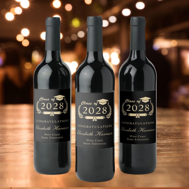 Rótulo De Garrafa De Cerveja Graduação de Festa Dourada Preta com Script Elegan (Criador carregado)