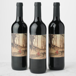Rótulo De Garrafa De Cerveja Gravura vintage de Chapeuzinho Vermelho e Lobo de