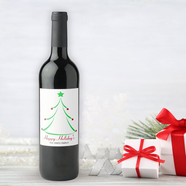 Rótulo De Garrafa De Cerveja Green Tree Red Baubles Feliz Natal (Green Tree Red Baubles Happy Holidays Christmas Wine Label)