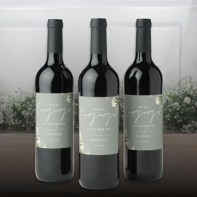 Rótulo De Garrafa De Cerveja Greenery Floral Sage Festa de noivado Verde (Greenery Floral Sage Green Engagement Party Wine Label)