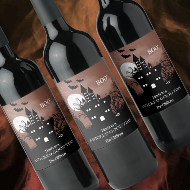 Rótulo De Garrafa De Cerveja Halloween Haunted House (Set of 6 personalized Halloween wine bottle labels.)
