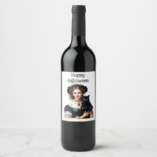 Rótulo De Garrafa De Cerveja Happy Halloween Beautiful Witch And Her Black Cat