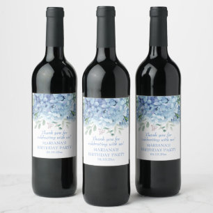 Rótulo De Garrafa De Cerveja Hortênsias Azuis Aquarela Floral Aniversário