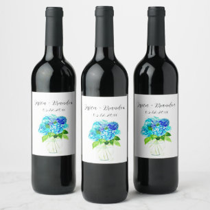 Rótulo De Garrafa De Cerveja Hydrangea Blue Watercolor Flowers Floral Casamento