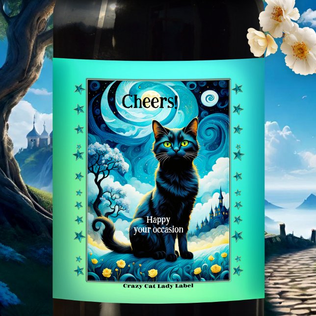 Rótulo De Garrafa De Cerveja Impressionismo Mistério Gama Louca (Whimsical wine label featuring a van Gogh inspired black cat on a starry night - birthday)