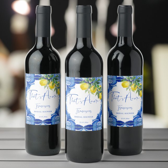 Rótulo De Garrafa De Cerveja Isso é mais azulejo azul limões italianos (That's amore blue tiles lemons vintage Italian bridal shower personalized printed wine labels)
