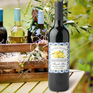 Rótulo De Garrafa De Cerveja Limões de Aquarela Azulejo Azul Rótulo Limoncello