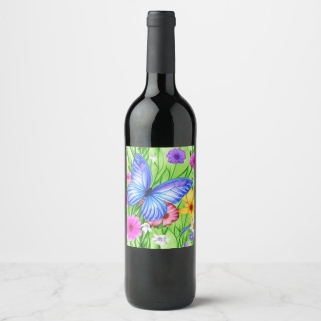 Rótulo De Garrafa De Cerveja Linda Borboleta Azul com flores Aquarela (Frente)