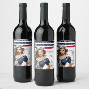 Rótulo De Garrafa De Cerveja Linda garota pin-up náutica vermelha e azul person
