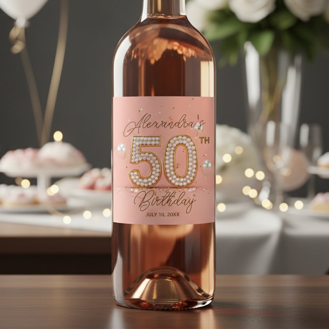 Rótulo De Garrafa De Cerveja Luxurious Pearl Soft Pink Gold 50th Birthday  (Criador carregado)