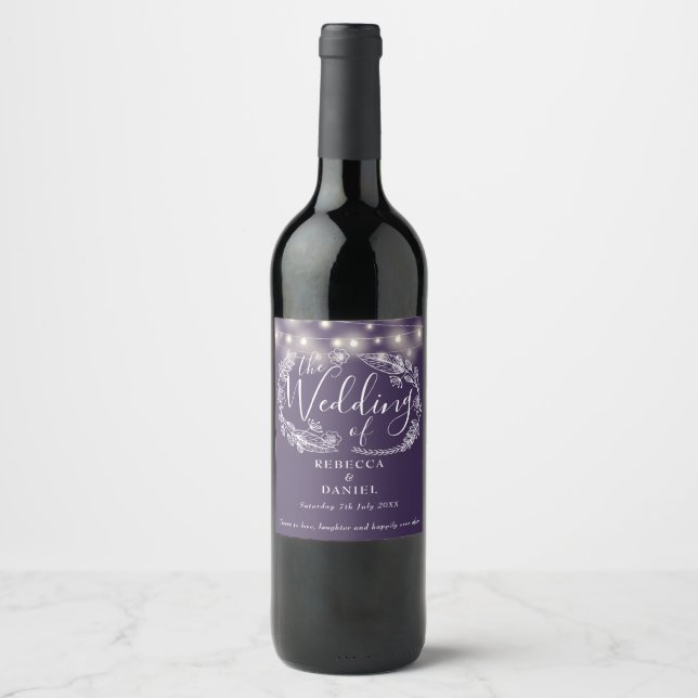 Rótulo De Garrafa De Cerveja Luzes Florais Elegantes Roxas Casamento (Frente)