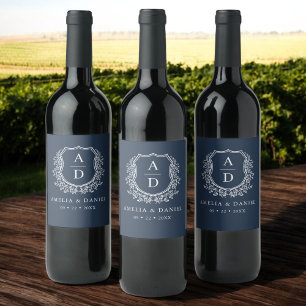 Rótulo De Garrafa De Cerveja Marinho Blue Crest Moderno Monograma Casamento