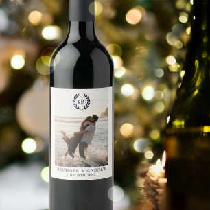 Rótulo De Garrafa De Cerveja Marinho de Casamento Monograma Elegante Azul