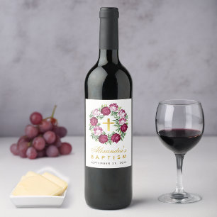 Rótulo De Garrafa De Cerveja Menina Batismo Rosa Bordô Coroa de Flores Dourado 