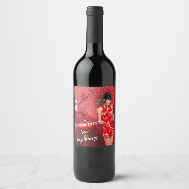 Rótulo De Garrafa De Cerveja Menina chinesa de ano novo com guarda-chuva vermel (Frente)