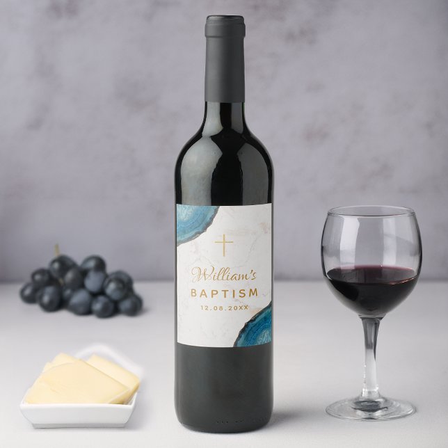 Rótulo De Garrafa De Cerveja Menino Baptism Blue Geode Dourado Cruz White Marbl (Criador carregado)