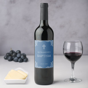 Rótulo De Garrafa De Cerveja Menino Batismo Clássico Azul Falso Cruz Prata Folh