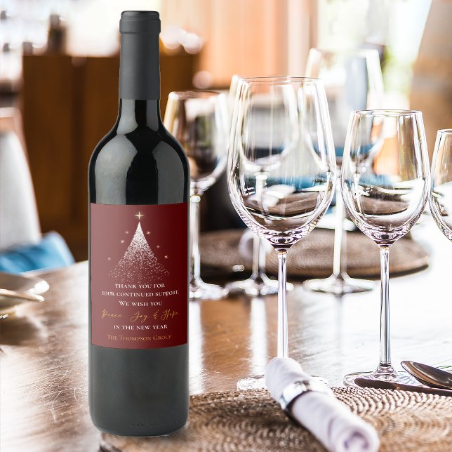 Rótulo De Garrafa De Cerveja Mensagem de agradecimento da árvore de Natal doura (Gold Christmas Tree Thank You Message Corporate Wine Label)