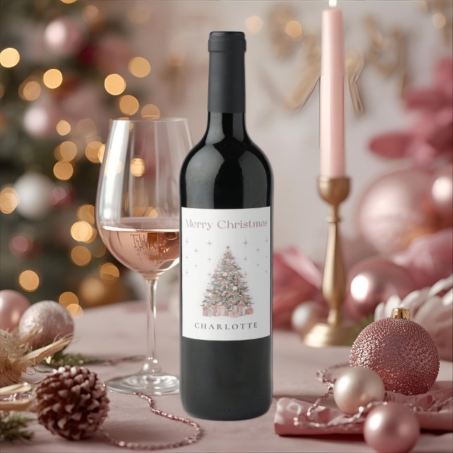 Rótulo De Garrafa De Cerveja Modern Blush Christmas Tree Wine Label (Criador carregado)