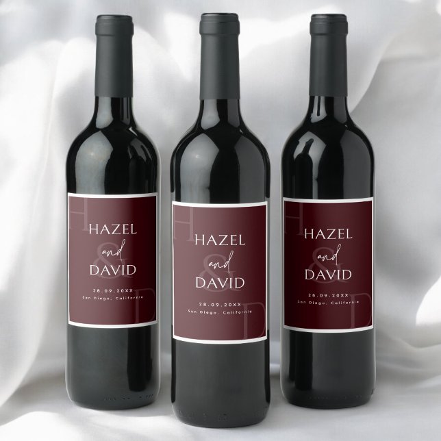 Rótulo De Garrafa De Cerveja Modern Minimalist Burgundy Monogram Wedding (Criador carregado)