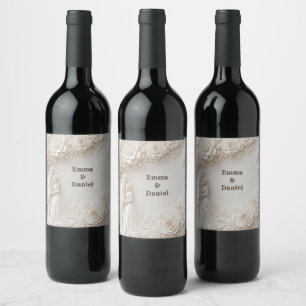 Rótulo De Garrafa De Cerveja 🤍 Moldura de Silhueta de Casamento Floral Marfim�