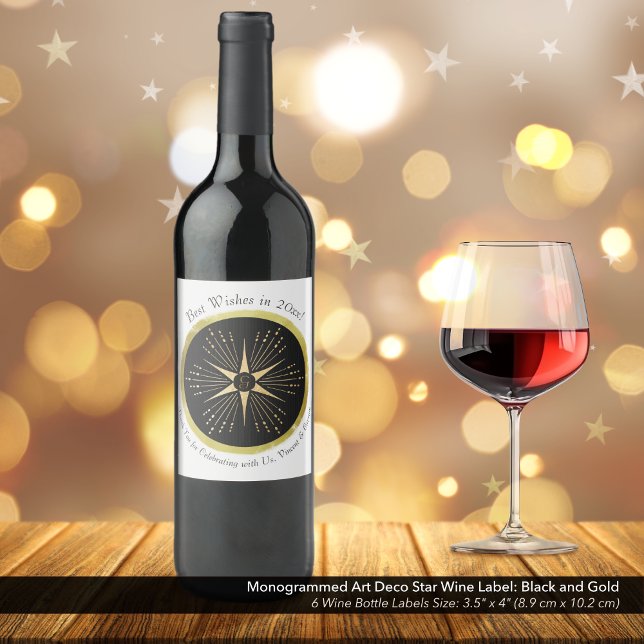 Rótulo De Garrafa De Cerveja Monograma Art Deco Star Black e Dourado (Monogrammed Art Deco Star Wine Bottle Label: Black and Gold )