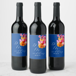 Rótulo De Garrafa De Cerveja Monograma Azul de Florais Vibrantes em Aquarela pa