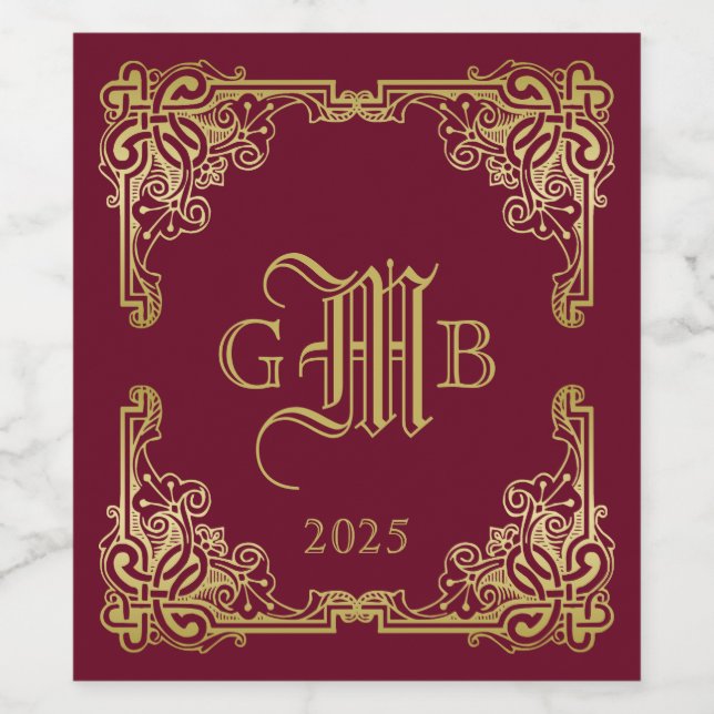 Rótulo De Garrafa De Cerveja Monograma Clássico Dourado Frame Burgundy (Rótulo Único)