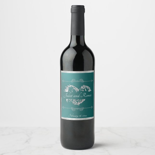 Rótulo De Garrafa De Cerveja Monograma Coração Roscado - Turquesa (Frente)