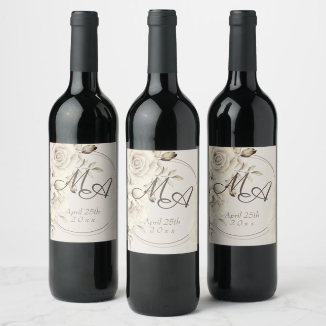 Rótulo De Garrafa De Cerveja Monograma de Casamento de Rosas Rústicos Brancos R (Garrafas)