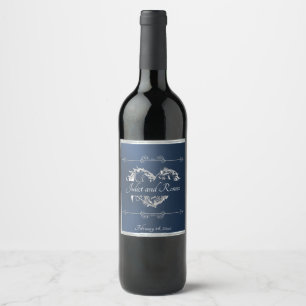 Rótulo De Garrafa De Cerveja Monograma de Coração com Volutas - Azul
