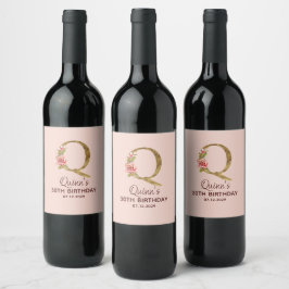 Rótulo De Garrafa De Cerveja Monograma de letra Q dourada com rosas cor de rosa