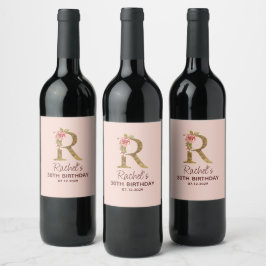 Rótulo De Garrafa De Cerveja Monograma de letra R dourada com rosas cor de rosa