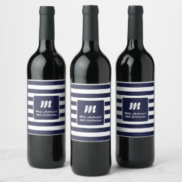 Rótulo De Garrafa De Cerveja Monograma de Listra Azul Marinho e Branco