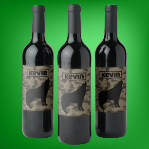Rótulo De Garrafa De Cerveja Monograma do Lobo Preto Moderno Brown Camo