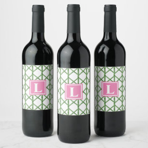 Rótulo De Garrafa De Cerveja Monograma do Padrão de Bamboo Preppy Green Trellis