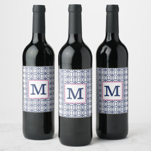 Rótulo De Garrafa De Cerveja Monograma Geométrico de Octagonistas Azuis Preppy