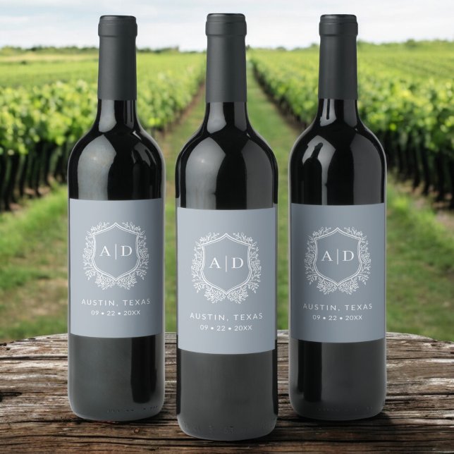 Rótulo De Garrafa De Cerveja Monograma Moderno Casamento Dusty Crest Azul (Criador carregado)