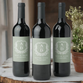 Rótulo De Garrafa De Cerveja Monograma Moderno Casamento Sage Green Crest