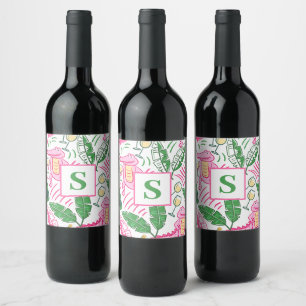Rótulo De Garrafa De Cerveja Monograma verde cor-de-rosa de vinho de jacaré pré