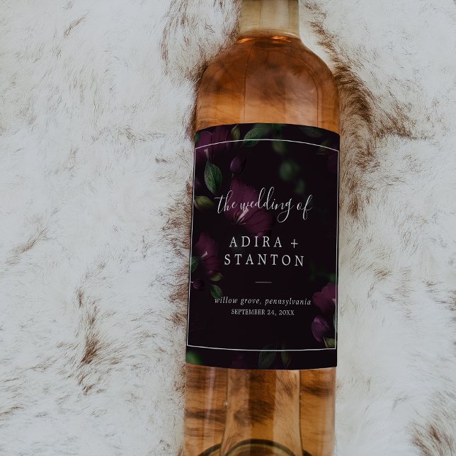 Rótulo De Garrafa De Cerveja Moody Purple Blooms | Casamento de padrão negro (Criador carregado)