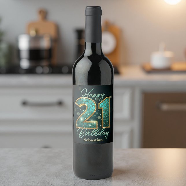 Rótulo De Garrafa De Cerveja Na moda Shimmering Teal e aniversário de 21 anos D (Criador carregado)