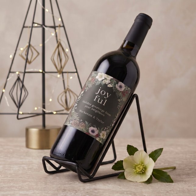 Rótulo De Garrafa De Cerveja Natal Botânico Alegre Personalizado (Joyful Botanical Christmas Personalized Wine Labels by Ricaso - add a personal touch to your holiday)