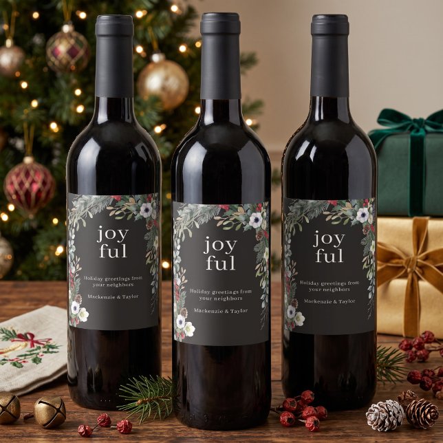 Rótulo De Garrafa De Cerveja Natal Botânico Alegre Personalizado (Joyful Botanical Christmas Personalized Wine Label by Ricaso. Add your own message  -Corporate use)