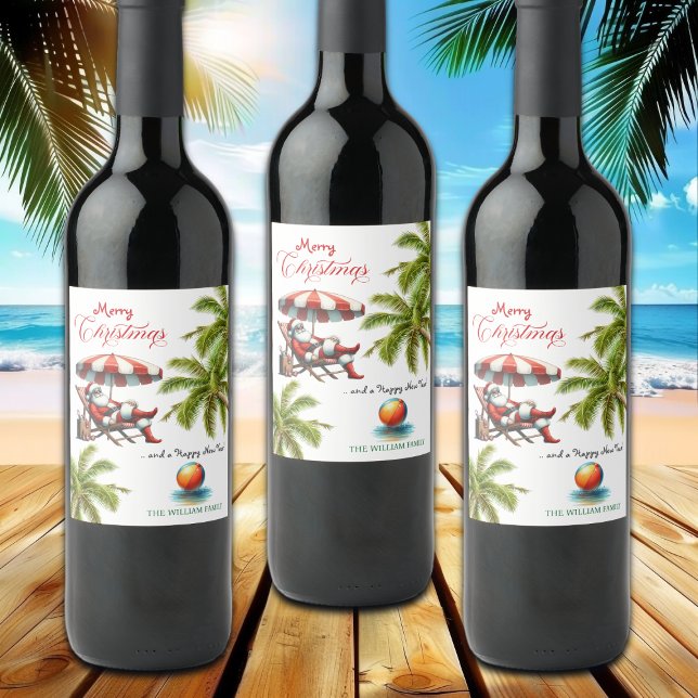 Rótulo De Garrafa De Cerveja Natal com Papai Noel sob um Guarda-Chuva de Praia (Criador carregado)
