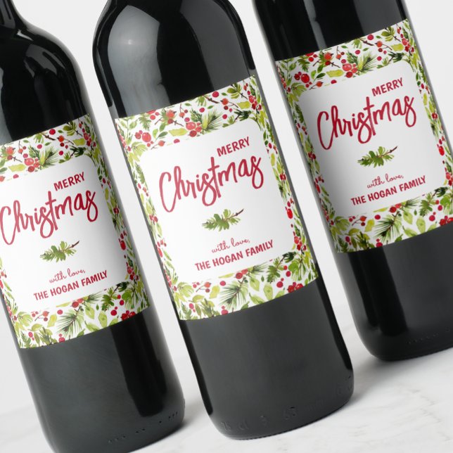Rótulo De Garrafa De Cerveja Natal Greenery Berries Feriado (Watercolor berries and greenery on personalized Christmas wine bottle labels)