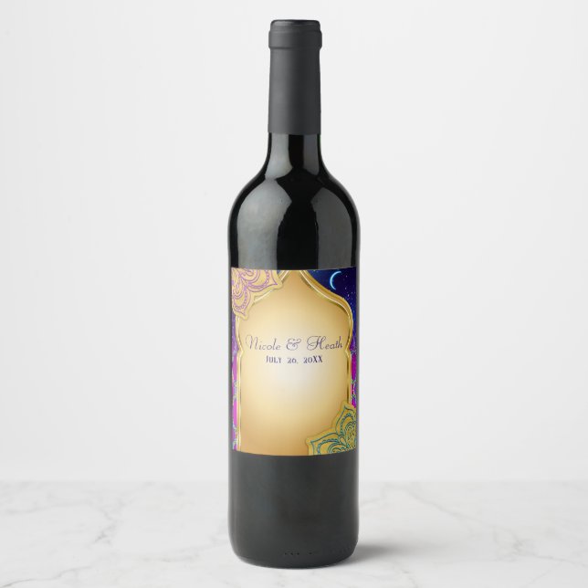 Rótulo De Garrafa De Cerveja Noites Glam Árabe de Lua Azul Casamento Dourado Ro (Frente)
